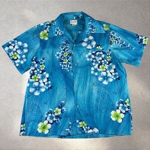 Vintage 60/70s Hawaii Nei Blue Floral Hawaiian Shirt Fits 2XL Loop Collar Poly